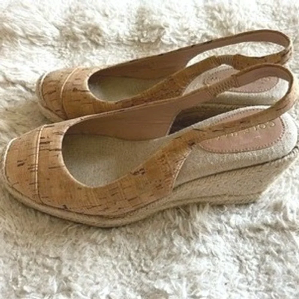 Cole Haan Womens Cork Espadrille Slingback Wedge Sandals Tan Natural Round Toe